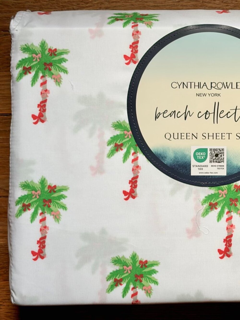 NEW Cynthia Rowley Christmas Lights Palms Trees Queen Size Sheet Set